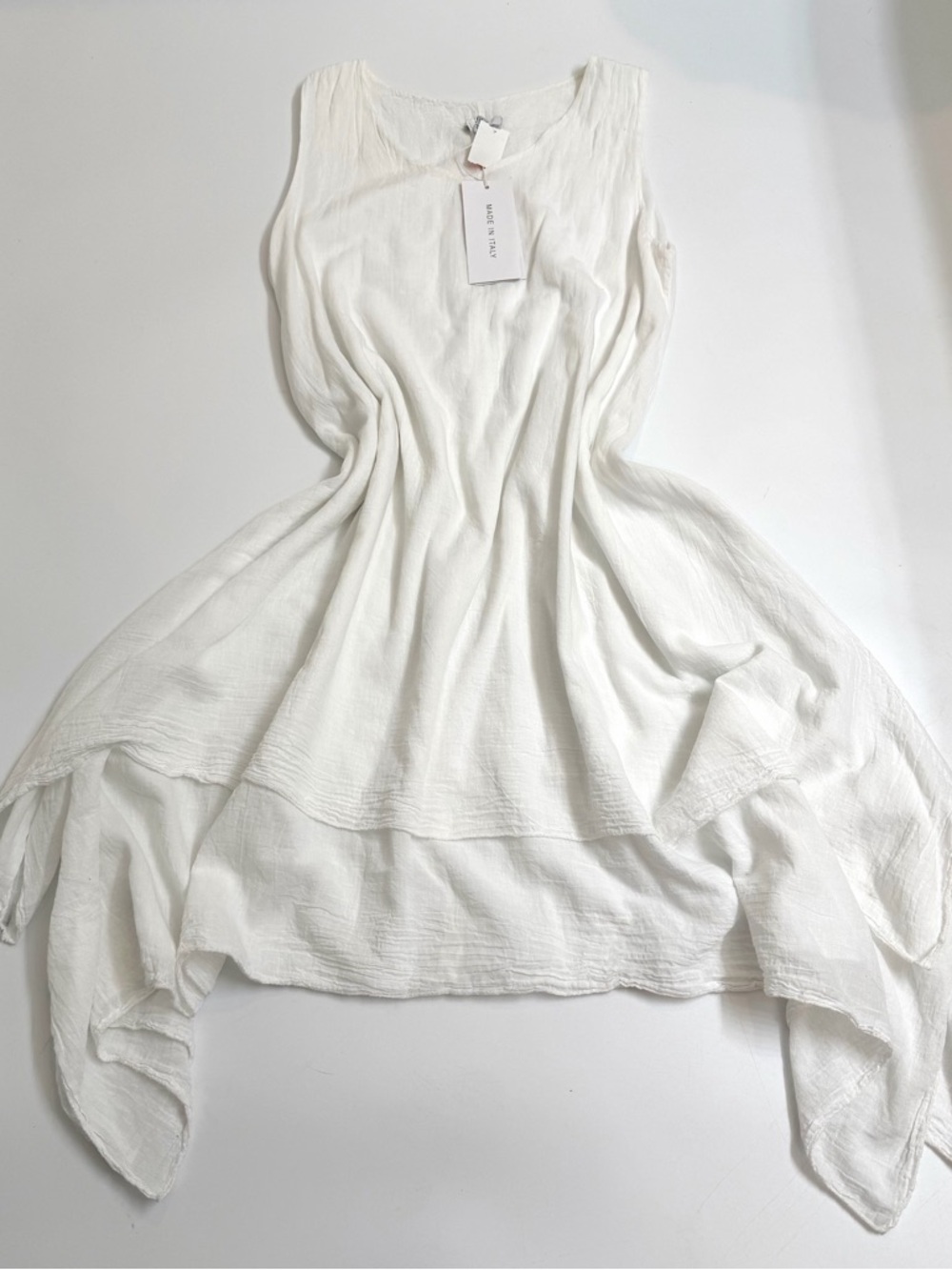 Made in Italy White Cotton Gauze Dress Lagenlook Asymmetrical Hem Large